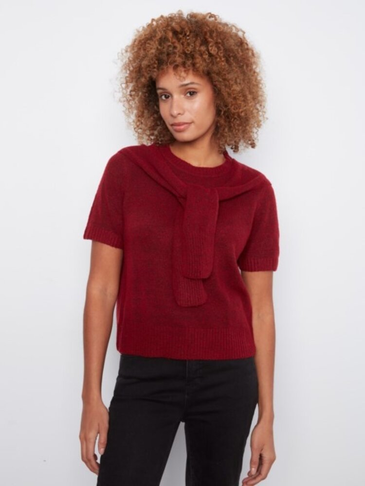 Charlie B Charlie B Short Sleeve Crew Neck Sweater W/ Combined Sleeves Detail C2069