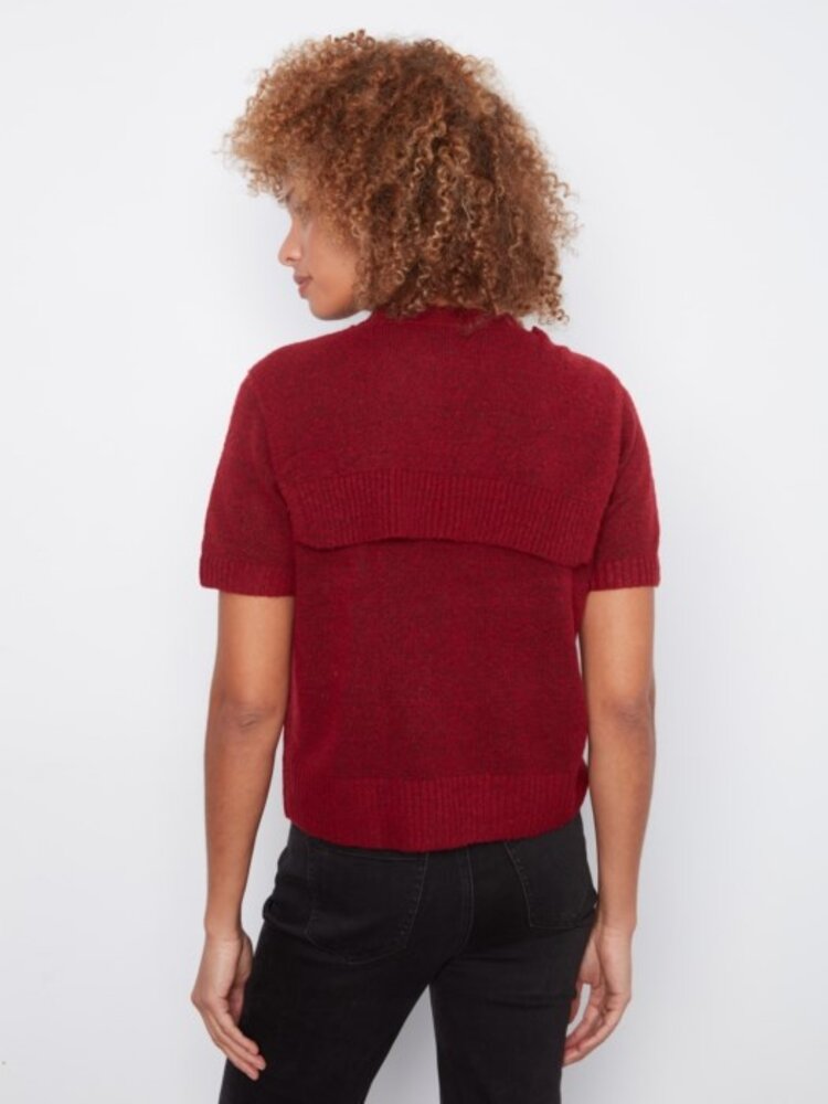 Charlie B Charlie B Short Sleeve Crew Neck Sweater W/ Combined Sleeves Detail C2069