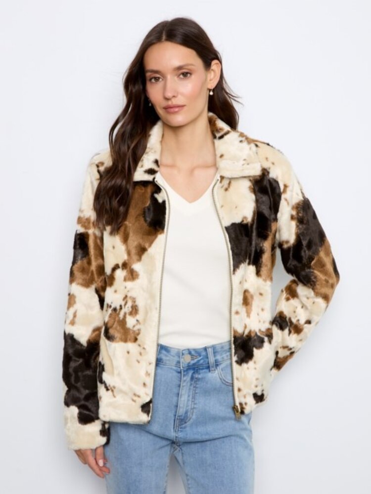Charlie B Charlie B Long Sleeve Cow Pattern Fur Jacket C6441