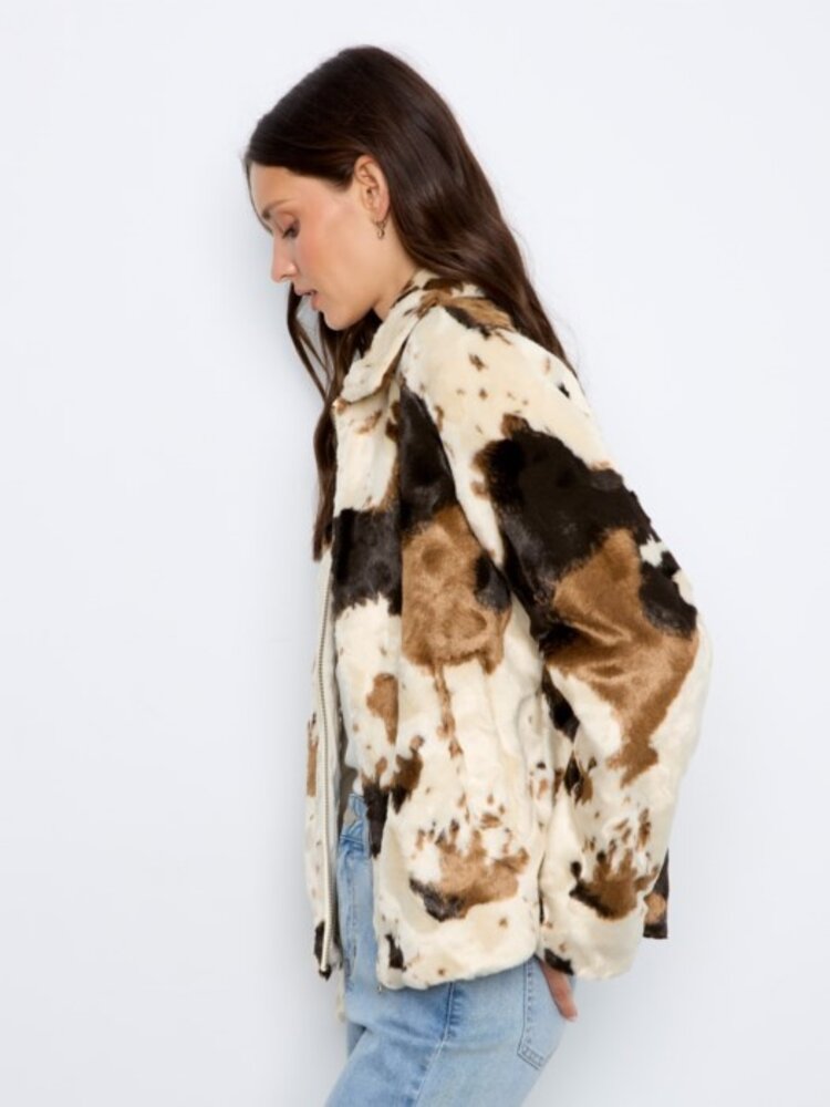 Charlie B Charlie B Long Sleeve Cow Pattern Fur Jacket C6441