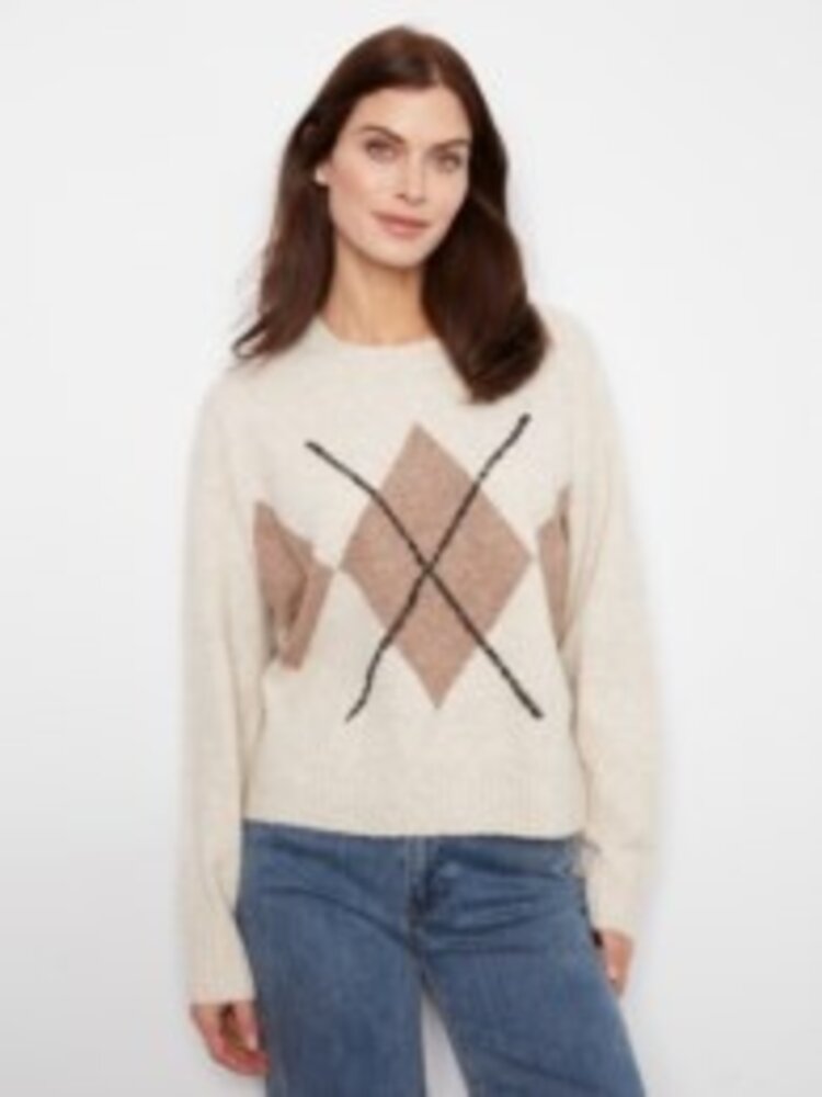 Charlie B Charlie B Long Sleeve Drop Shoulder Crew Neck Sweater W/ Argyle Jacquard Detail C2048