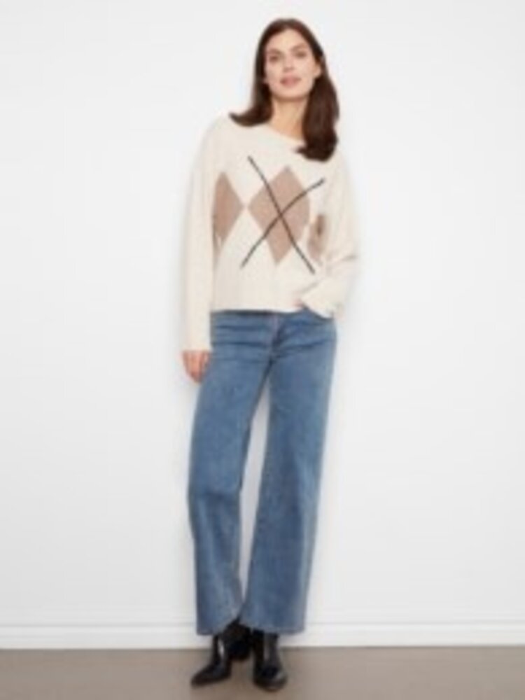 Charlie B Charlie B Long Sleeve Drop Shoulder Crew Neck Sweater W/ Argyle Jacquard Detail C2048