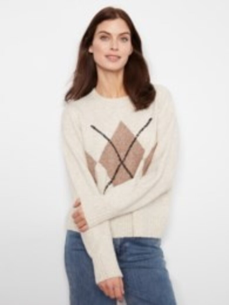 Charlie B Charlie B Long Sleeve Drop Shoulder Crew Neck Sweater W/ Argyle Jacquard Detail C2048