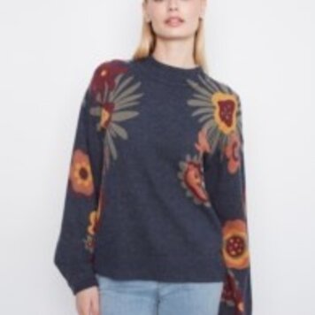 Charlie B Charlie B Long Sleeve Drop Shoulder Mock Neck Sweater With Placed Print C2689