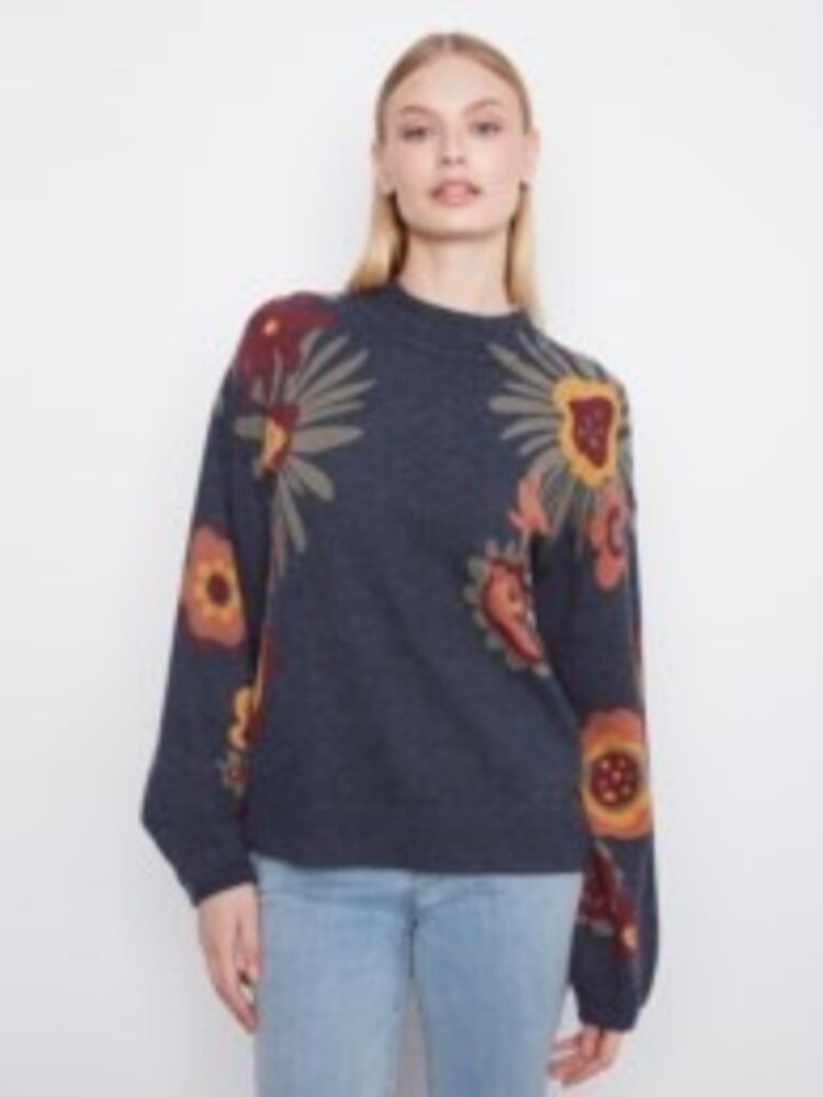 Charlie B Charlie B Long Sleeve Drop Shoulder Mock Neck Sweater With Placed Print C2689