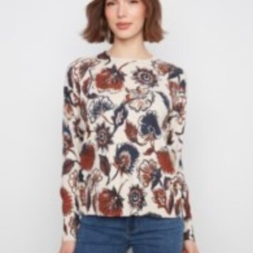 Charlie B Charlie B Long Sleeve Drop Shoulder Crew Neck Printed Sweater C2668