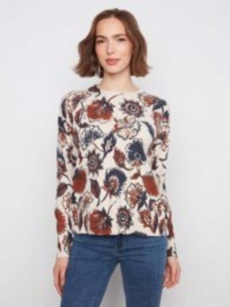 Charlie B Charlie B Long Sleeve Drop Shoulder Crew Neck Printed Sweater C2668