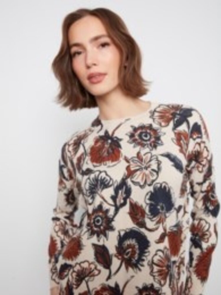 Charlie B Charlie B Long Sleeve Drop Shoulder Crew Neck Printed Sweater C2668