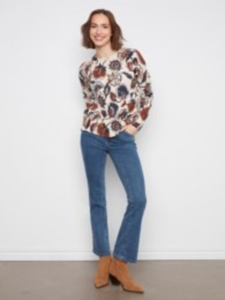 Charlie B Charlie B Long Sleeve Drop Shoulder Crew Neck Printed Sweater C2668