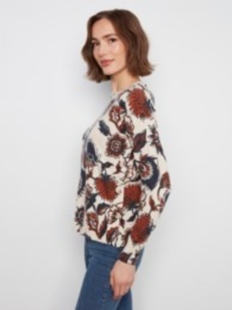 Charlie B Charlie B Long Sleeve Drop Shoulder Crew Neck Printed Sweater C2668