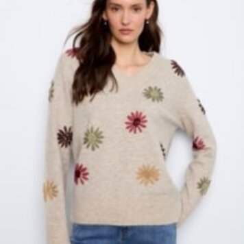 Charlie B Charlie B Embroided V-Neck Sweater With Wide Rib Cuff and Hem C2853