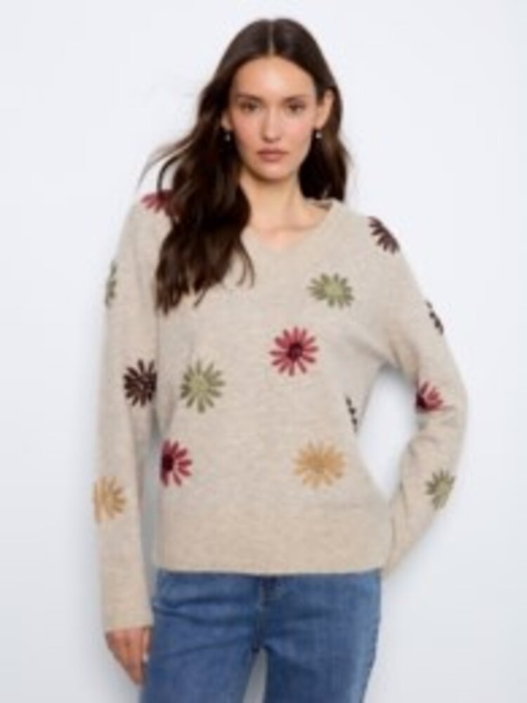 Charlie B Charlie B Embroided V-Neck Sweater With Wide Rib Cuff and Hem C2853