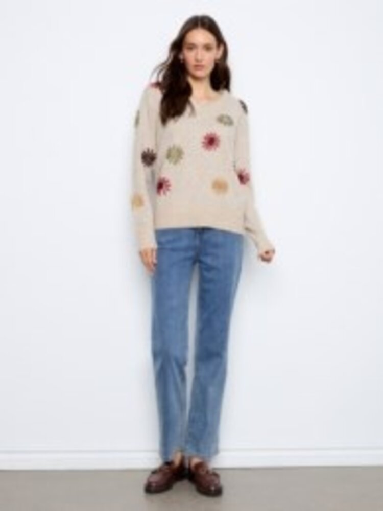 Charlie B Charlie B Embroided V-Neck Sweater With Wide Rib Cuff and Hem C2853