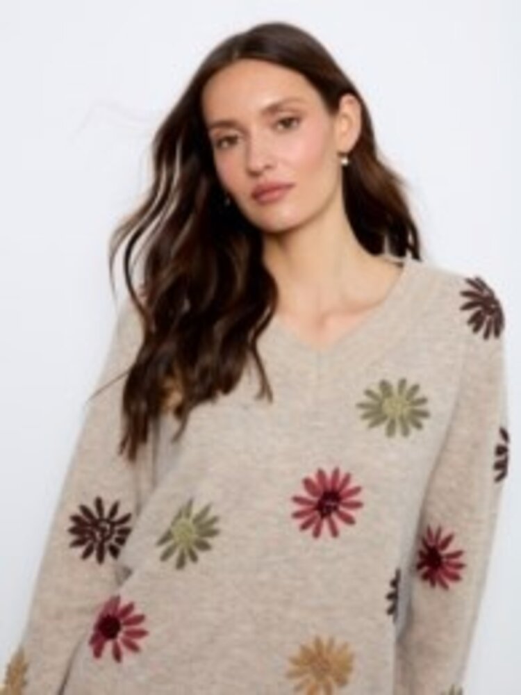 Charlie B Charlie B Embroided V-Neck Sweater With Wide Rib Cuff and Hem C2853