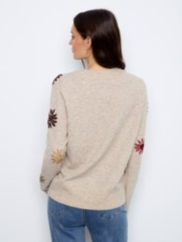 Charlie B Charlie B Embroided V-Neck Sweater With Wide Rib Cuff and Hem C2853