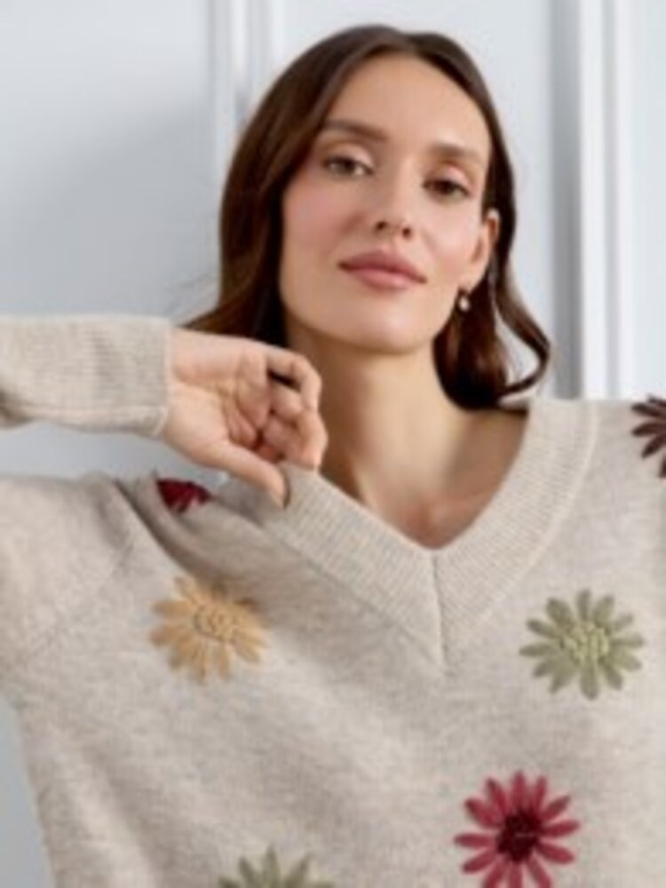 Charlie B Charlie B Embroided V-Neck Sweater With Wide Rib Cuff and Hem C2853