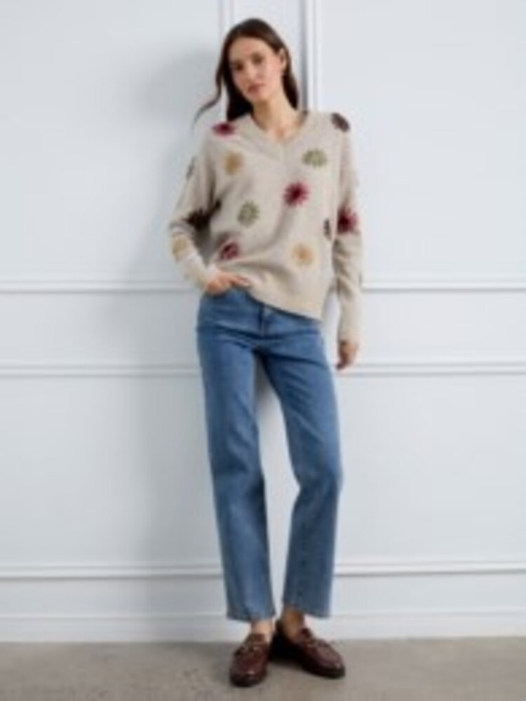 Charlie B Charlie B Embroided V-Neck Sweater With Wide Rib Cuff and Hem C2853