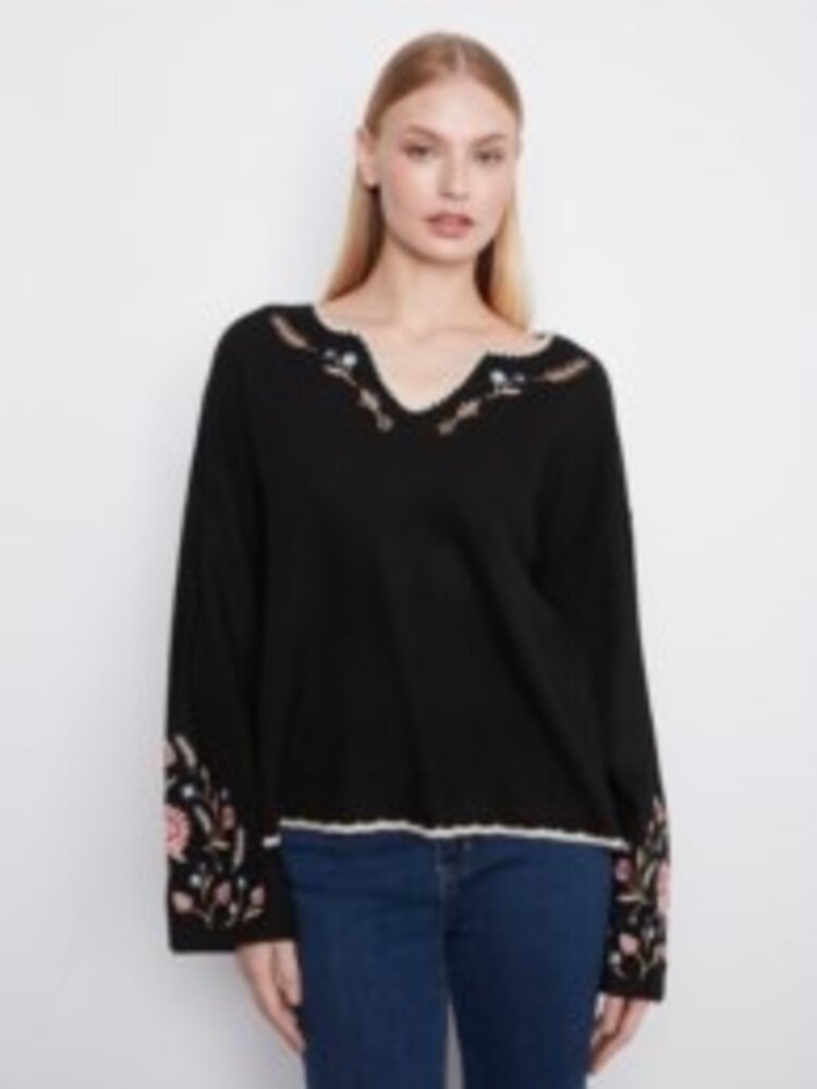 Charlie B Charlie B Ribbed V-Neck Notched Soutache Sweater C2879