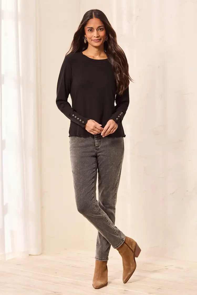 Tribal Tribal Long Sleeve Crew Neck Top With Button Detail 3174O