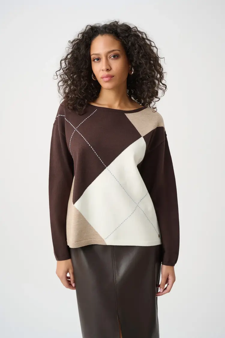 Joseph Ribkoff Joseph Ribkoff Brushed Viscose Knit Argyle Pattern Crewneck Sweater 263948
