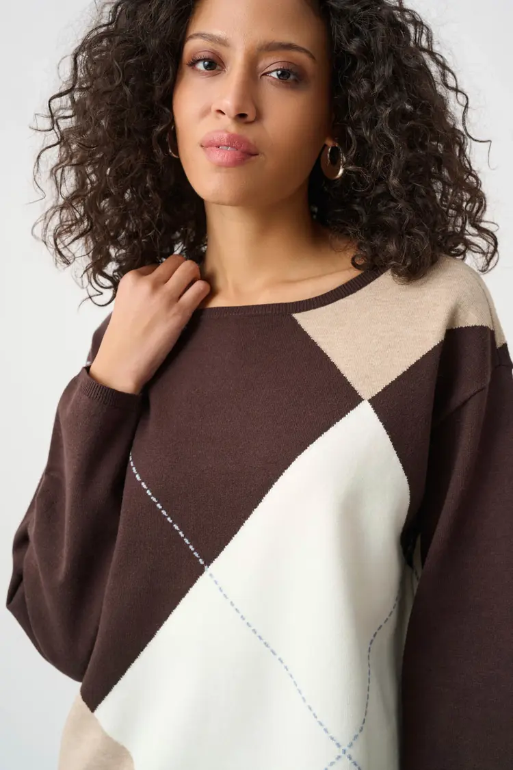 Joseph Ribkoff Joseph Ribkoff Brushed Viscose Knit Argyle Pattern Crewneck Sweater 263948