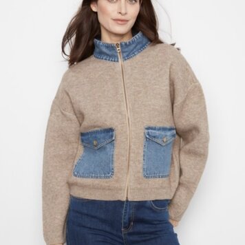 Charlie B Charlie B Long Sleeve Zipped Sweater Jacket With Denim Pockets & Collar C2045