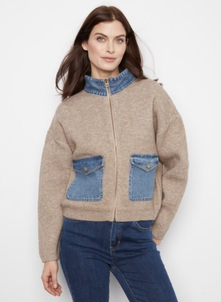 Charlie B Charlie B Long Sleeve Zipped Sweater Jacket With Denim Pockets & Collar C2045
