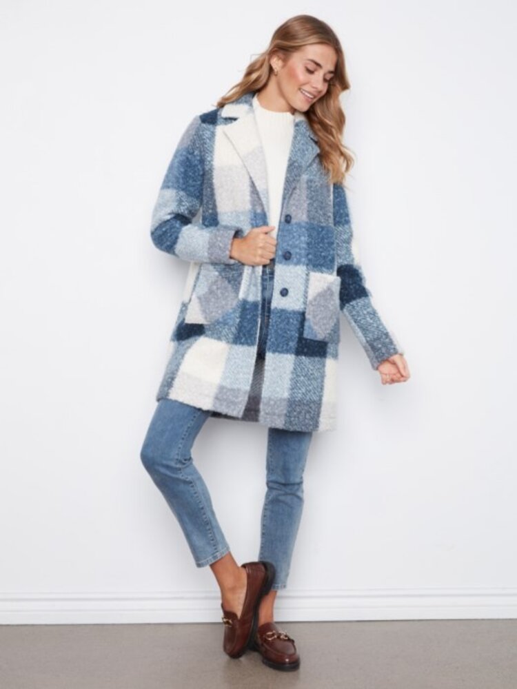 Charlie B Charlie B Plaid Bouche Knit Tailored Collar Coat C6141Z