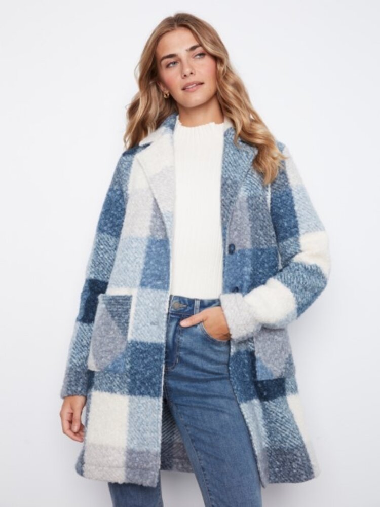 Charlie B Charlie B Plaid Bouche Knit Tailored Collar Coat C6141Z