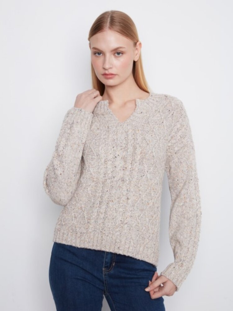 Charlie B Charlie B Long Sleeve Notch Neck Heather Yarn Sweater C2729