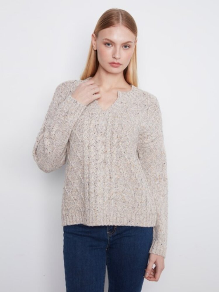 Charlie B Charlie B Long Sleeve Notch Neck Heather Yarn Sweater C2729