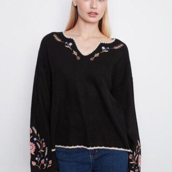 Charlie B Charlie B Ribbed V-Neck Notched Soutache Sweater C2879