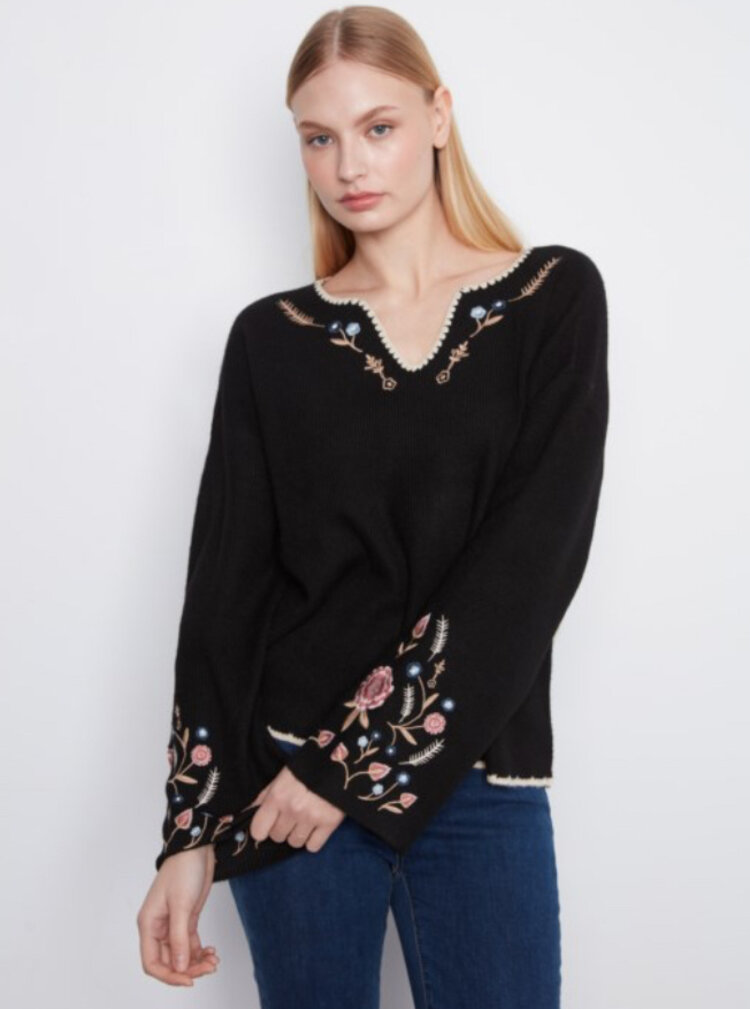 Charlie B Charlie B Ribbed V-Neck Notched Soutache Sweater C2879