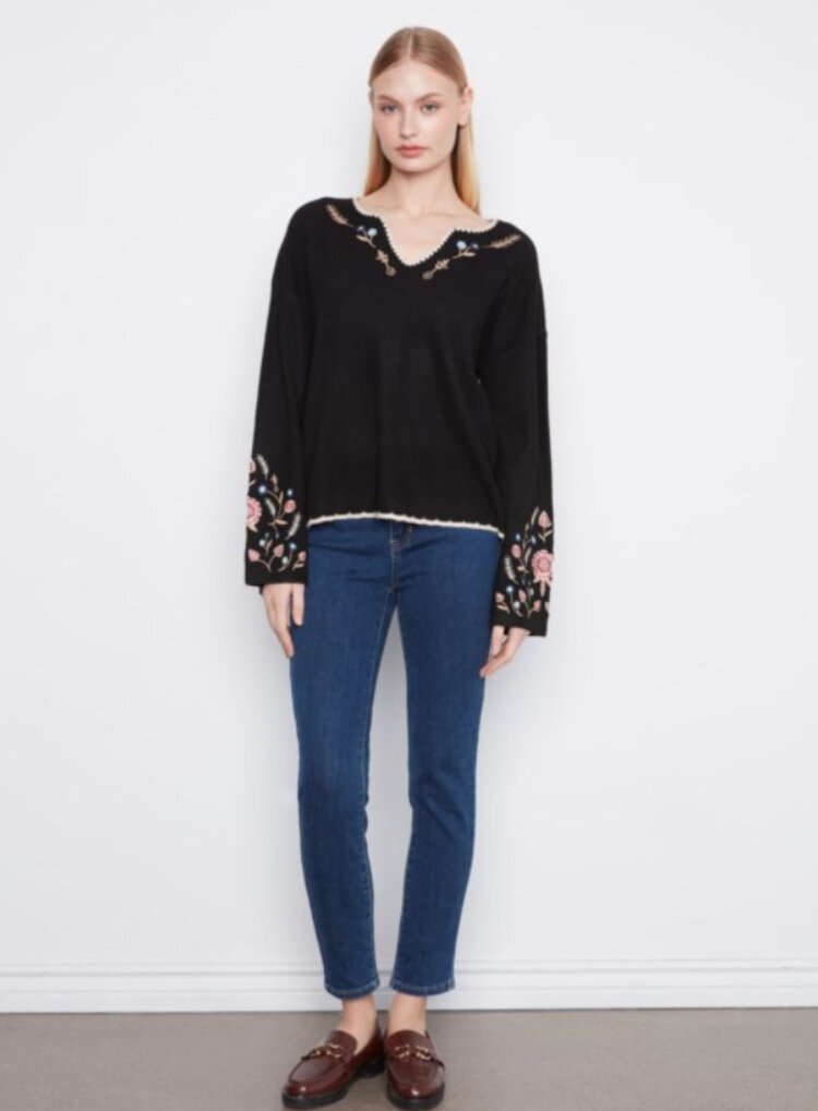 Charlie B Charlie B Ribbed V-Neck Notched Soutache Sweater C2879