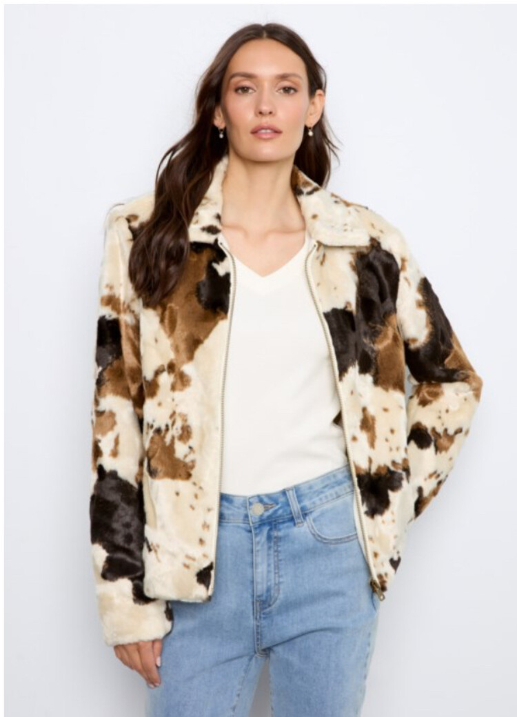 Charlie B Charlie B Long Sleeve Cow Pattern Fur Jacket C6441