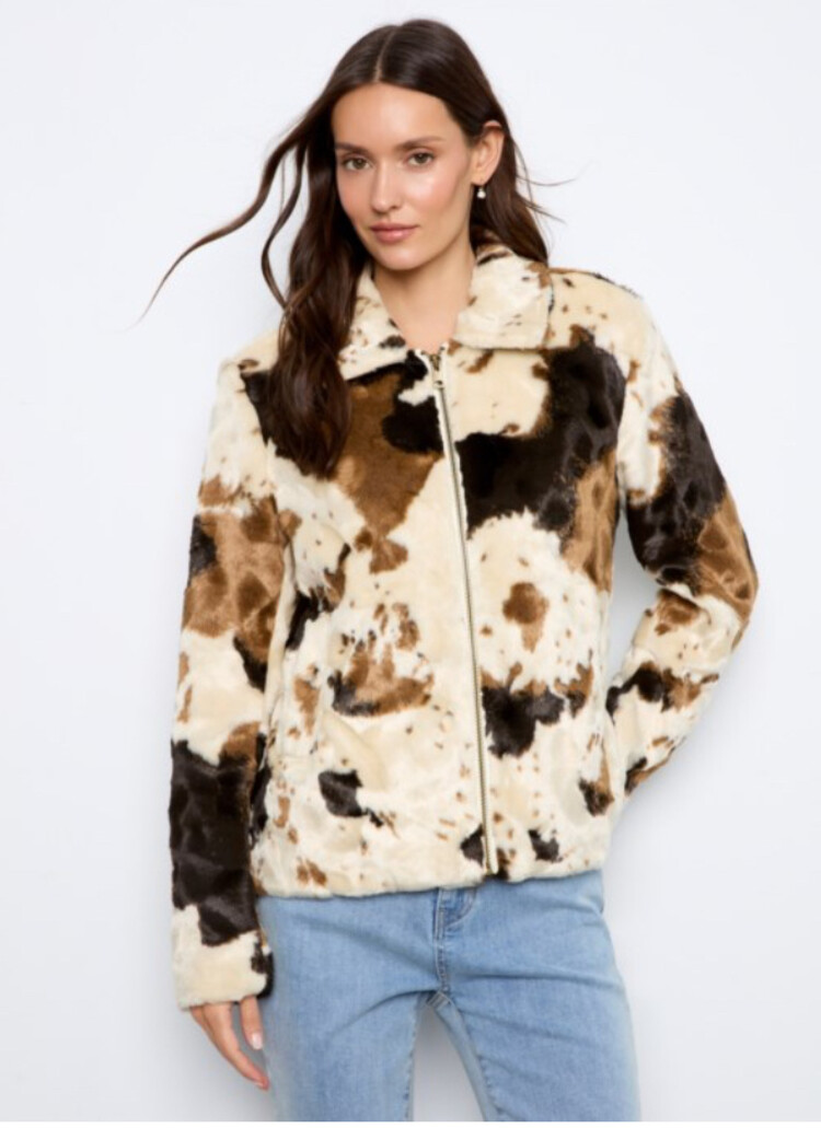 Charlie B Charlie B Long Sleeve Cow Pattern Fur Jacket C6441