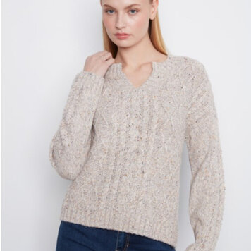 Charlie B Charlie B Long Sleeve Notch Neck Heather Yarn Sweater C2729