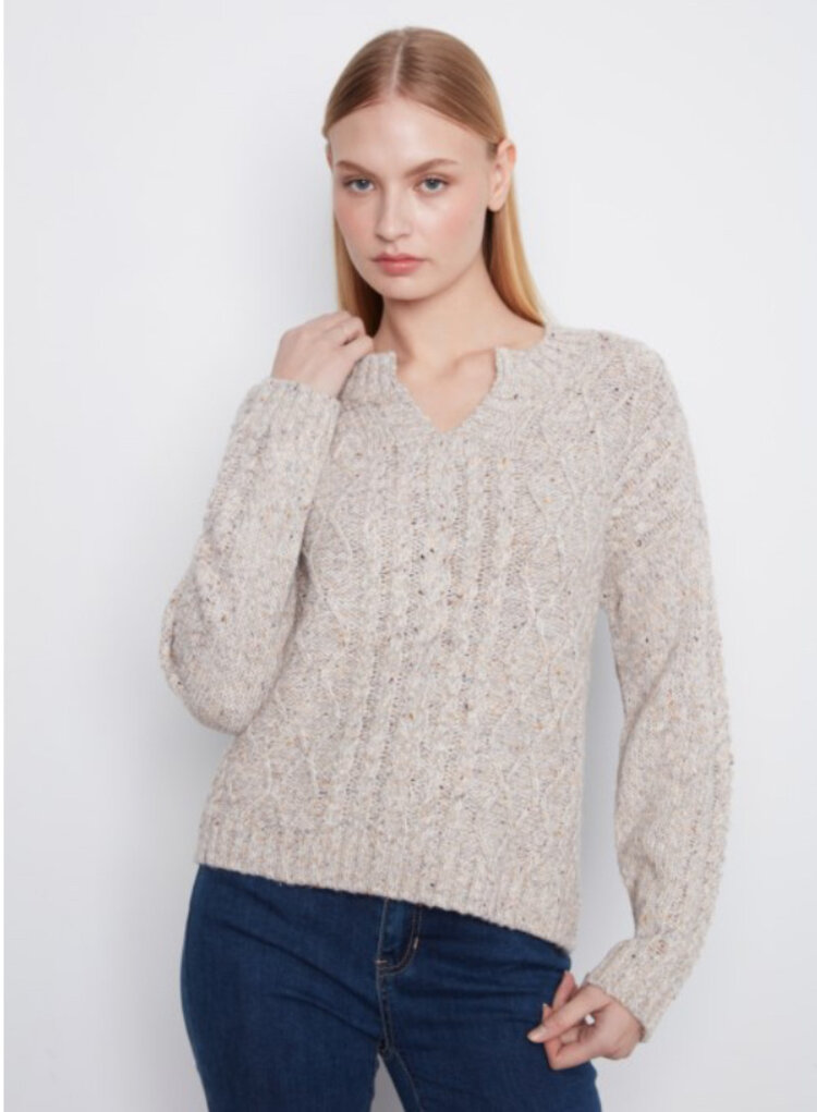 Charlie B Charlie B Long Sleeve Notch Neck Heather Yarn Sweater C2729
