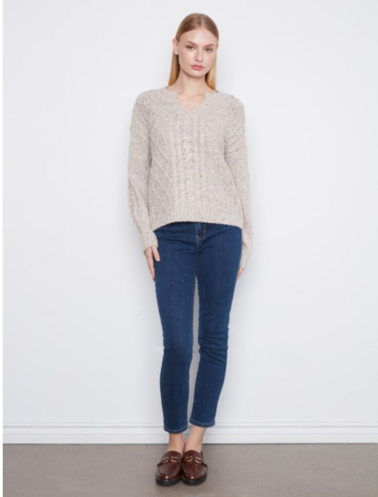 Charlie B Charlie B Long Sleeve Notch Neck Heather Yarn Sweater C2729