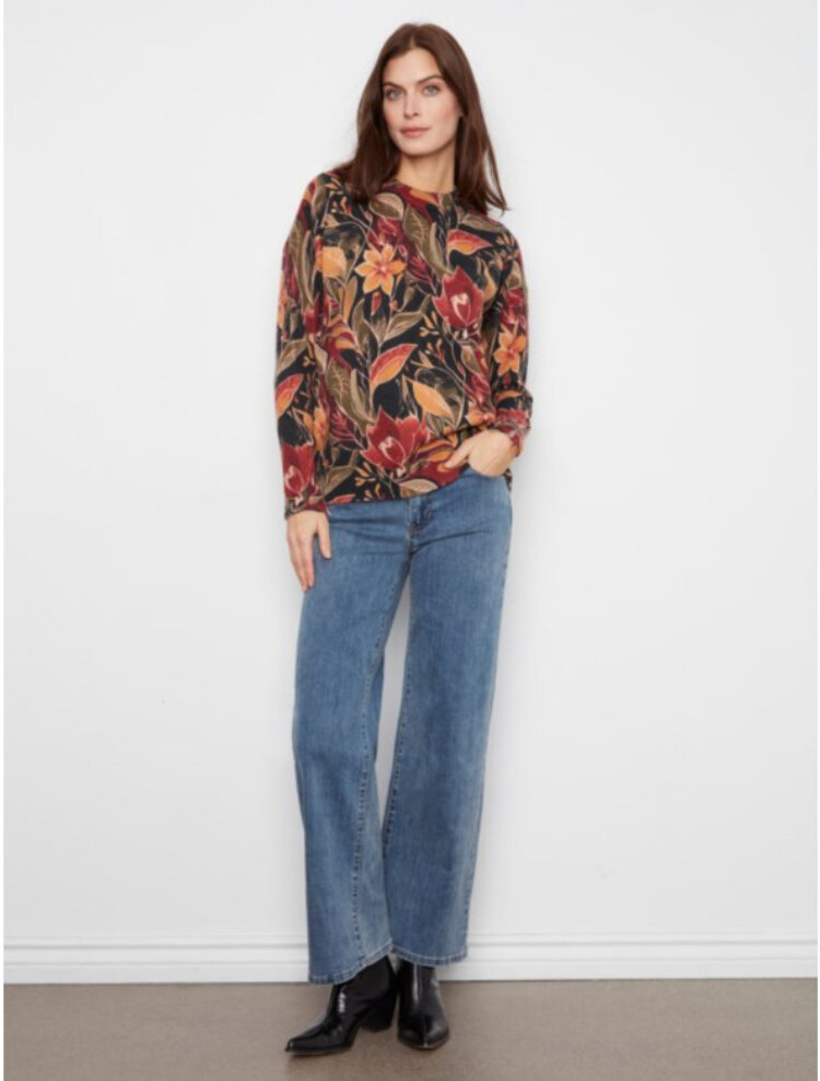 Charlie B Charlie B Long Sleeve Drop Shoulder Crew Neck Printed Sweater With Zip C2380Y