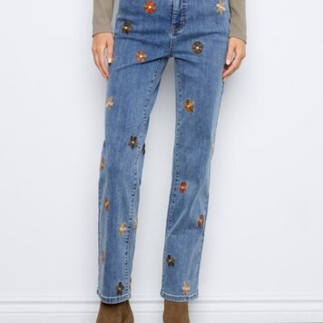 Charlie B Charlie B Straight Leg Floral Embroidered Pants With Elastic Inside Waist C5821