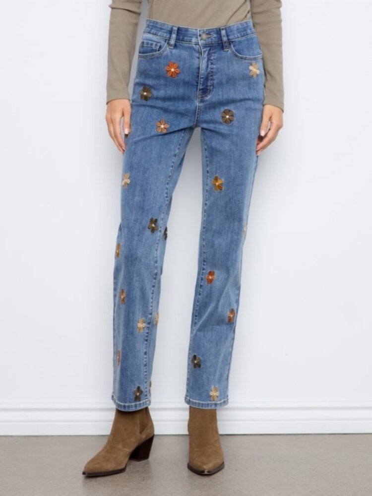 Charlie B Charlie B Straight Leg Floral Embroidered Pants With Elastic Inside Waist C5821
