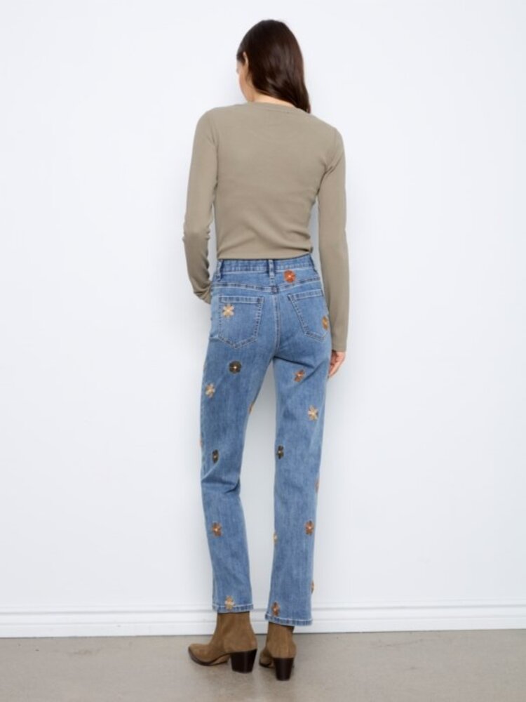 Charlie B Charlie B Straight Leg Floral Embroidered Pants With Elastic Inside Waist C5821