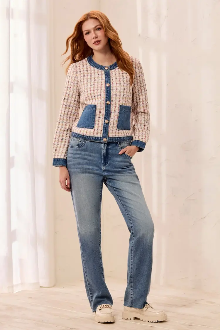 Tribal Tribal Mix Media Tweed Denim Jacket With Fancy Snaps 6328O