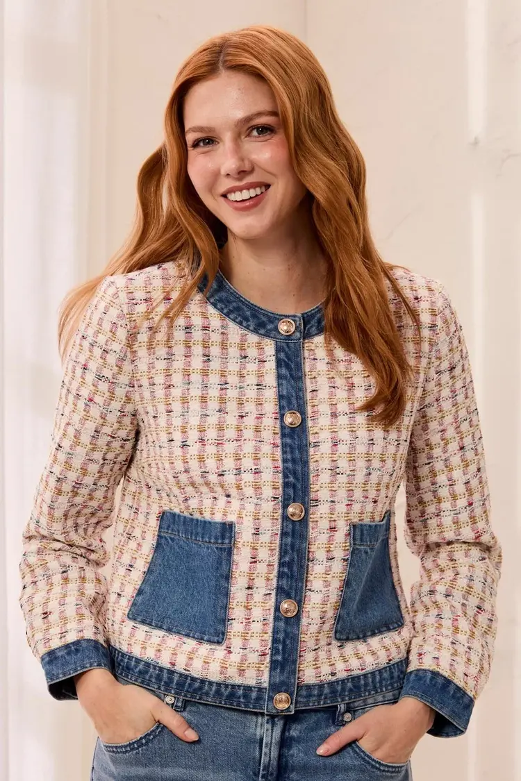 Tribal Tribal Mix Media Tweed Denim Jacket With Fancy Snaps 6328O