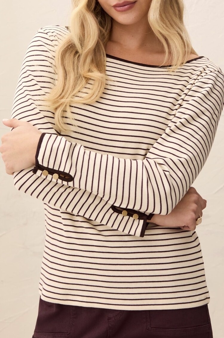 Tribal Tribal Long Sleeve Boat Neck Top W/ Button Detail 3206O