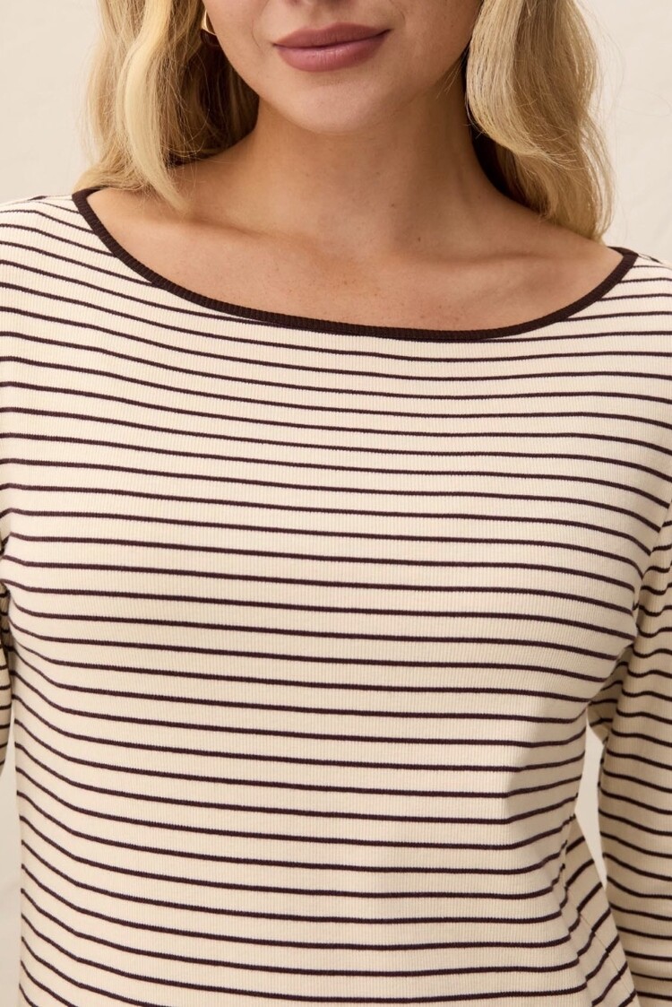 Tribal Tribal Long Sleeve Boat Neck Top W/ Button Detail 3206O