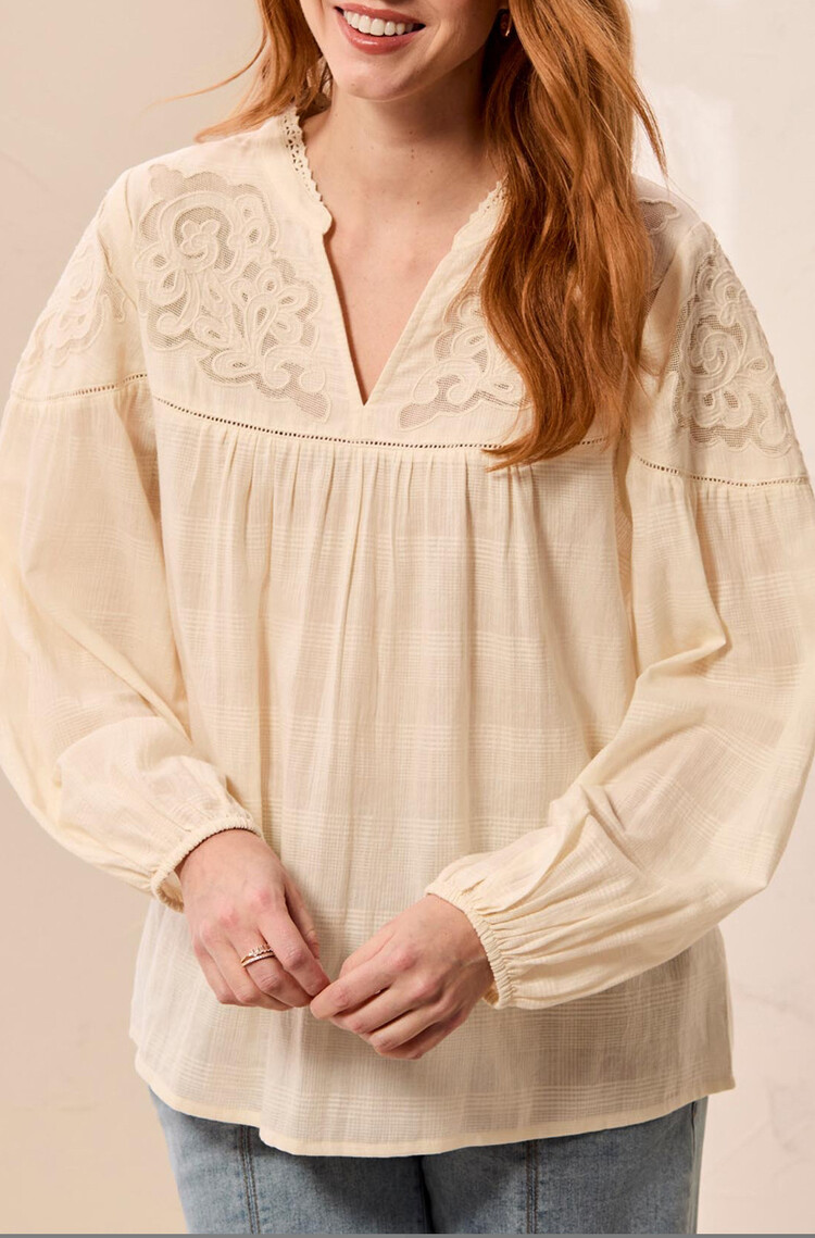 Tribal Tribal Long Sleeve Blouse With Embroidered Yoke 3196O