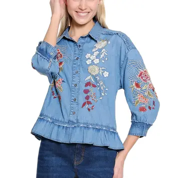 Tru Luxe Try Luxe Embroidered Chambray Top With Peplum T36226BM
