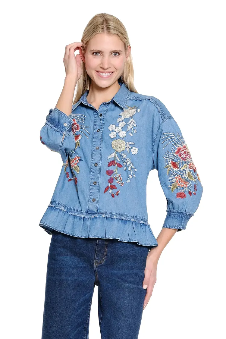 Tru Luxe Try Luxe Embroidered Chambray Top With Peplum T36226BM